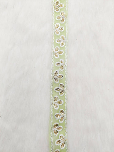 Wholesale Green Net Lace Floral Embroidery & Glitter Gold Sequins, Indian Wedding Border, Gifting Ribbon Costume Trim Fashion Trimming
